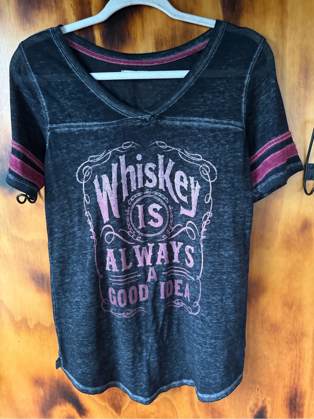 Women's Black Graphic Tee with Pink Lettering - Whiskey Is Always A Good Idea